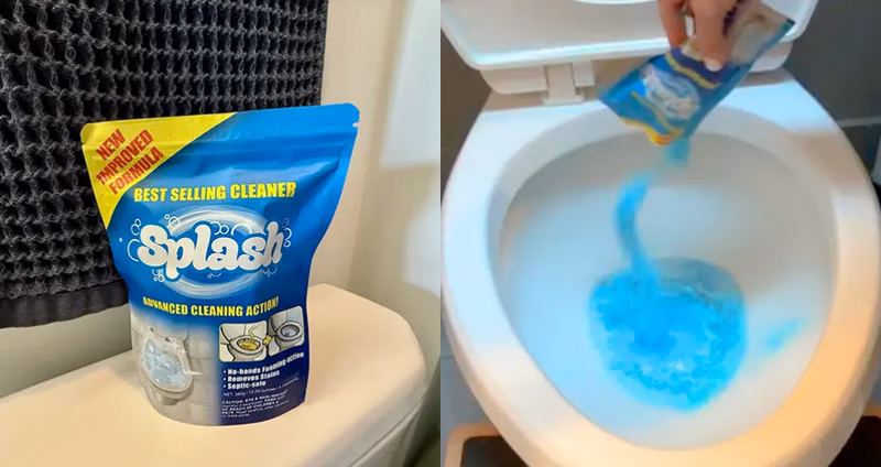 A frustrated homeowner struggling to scrub dirty bathroom tiles without the help of Splash Foam household cleaning spray.